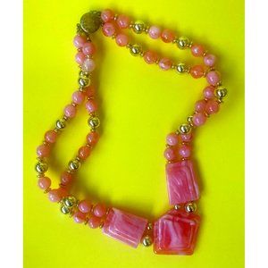 Vintage Bubble Gum Pink 1950's Marbled Plastic Bead Necklace